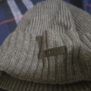 BOSS Ribbed Knit Beanie in Heather Gray